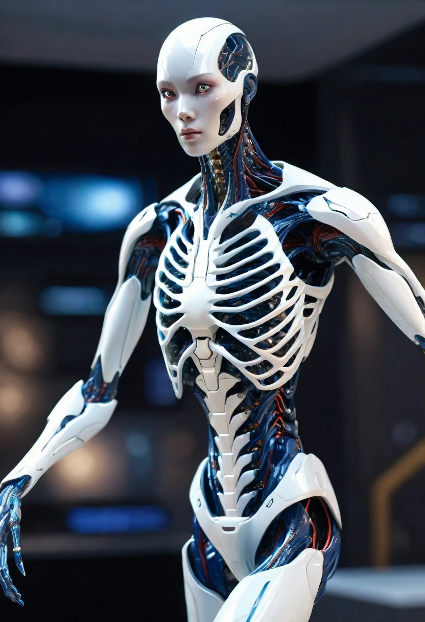 8K, high details,RAW Photos, best quality, highres, super detail, uhd, accurate, masterpiece, 16K, 1080P、Made by an advanced civilization、With technology that humans cannot even imagine,、Like a humanoid machine、An organic body、It looks both beautiful and terrifying、It shines faintly like veins running.、Artificial Life Forms、