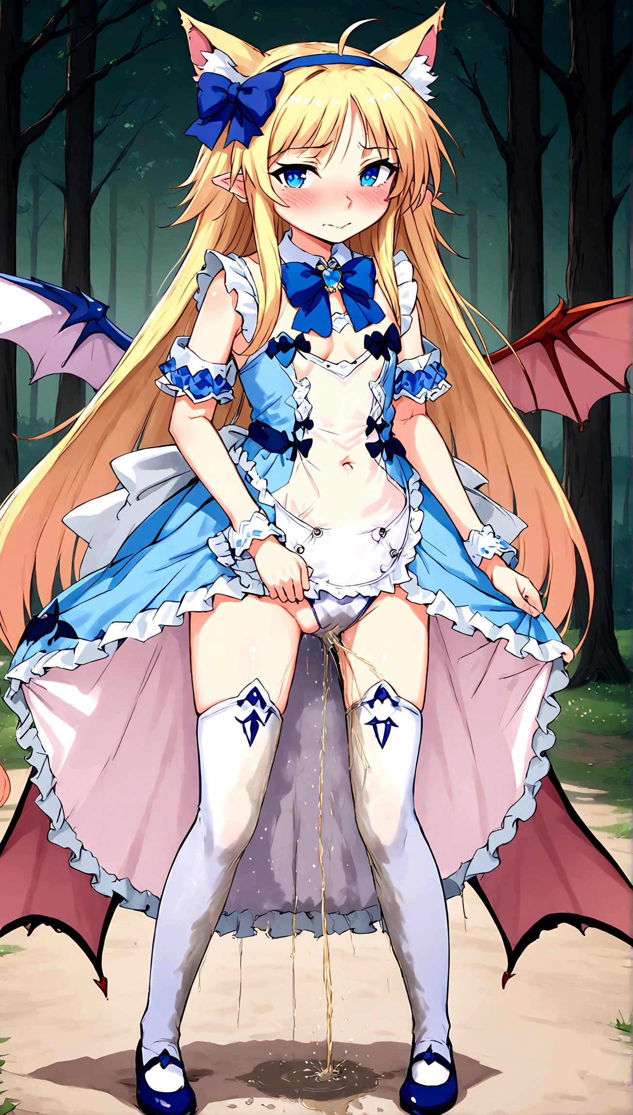 Anime. Monster Girl Encyclopedia. Alice.1 Girl. Lovely girl. . . . Succubus Clumsy. Blonde. Long hair. Blue eyes. Beautiful eyes. Perfect eyes. Expressive eyes. Ideal face. 12 yall breasts. Flat chest. Pointy ears. Ideal anatomical body. Succubus horns. Wings of a succubus. Succubus tail with a heart tip. Cold. Runny nose. Snot flows from the nose. Wants to sneeze. I have to sneeze. Violent, desperate desire to sneeze. She is reading. Covers his nose with his hands. Jansai handkerchief. Blows his nose. Urinary incontinence. Wants to pee. I need to pee. A strong, desperate urge to pee. Diaper. Dirty diaper. She peed herself. She peed in her diaper. Blue and white children's dress from Alice in Wonderland. bows on the horns. White stockings. Shoes. Standing. Standing at full height. Standing in the forest. Standing in the middle of the forest. Beautiful character design. Shiny skin. Full body. nsfw. Scat. Official art. Extremely detailed CG Unity 8k wallpaper. Ideal lighting. Ultra high resolution 4K. Super detailed 8K. A high resolution.