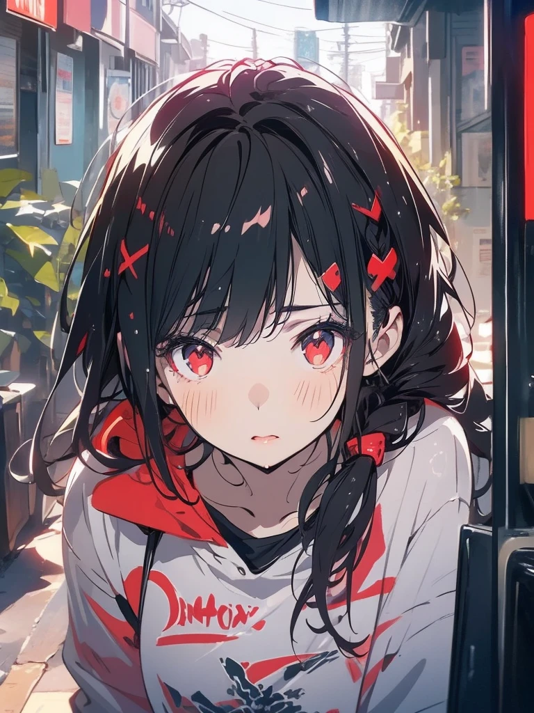 A girl with black hair and red eyes,twin tails hairstyle,casual clothes,mini skirt,beautiful detailed eyes,beautiful detailed lips,extremely detailed eyes and face,long eyelashes,dynamic pose,cinematic lighting,vibrant colors,digital painting,concept art,photorealistic,8k,ultra-detailed,best quality,masterpiece