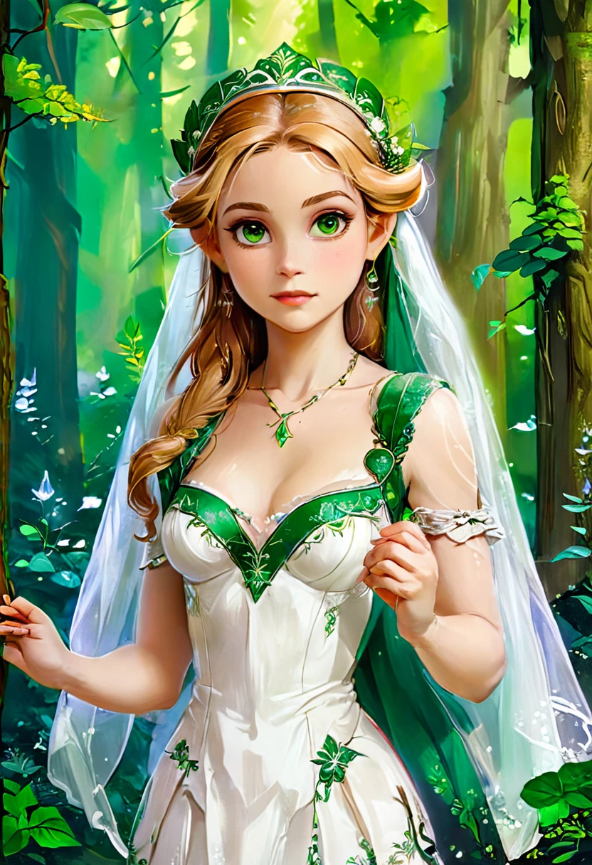 a masterful best quality, award winning masterpiece, oil painting portrait done by Raphael of Princess Zelda, ((anatomically correct: 1.5)), wearing intricate glamour green and white elven dress, elven forest background background, Ultra-high resolution, High Contrast, (masterpiece:1.5), highest quality, Best aesthetics), best details, best quality, highres, 16k, [ultra detailed], masterpiece, best quality, (extremely detailed), chumbasket art style, style of Raphael , evening dress, oil painting