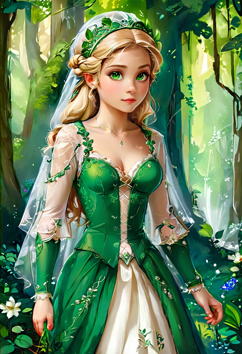 a masterful best quality, award winning masterpiece, oil painting portrait done by Raphael of Princess Zelda, ((anatomically correct: 1.5)), wearing intricate glamour green and white elven dress, elven forest background background, Ultra-high resolution, High Contrast, (masterpiece:1.5), highest quality, Best aesthetics), best details, best quality, highres, 16k, [ultra detailed], masterpiece, best quality, (extremely detailed), chumbasket art style, style of Raphael , evening dress, oil painting