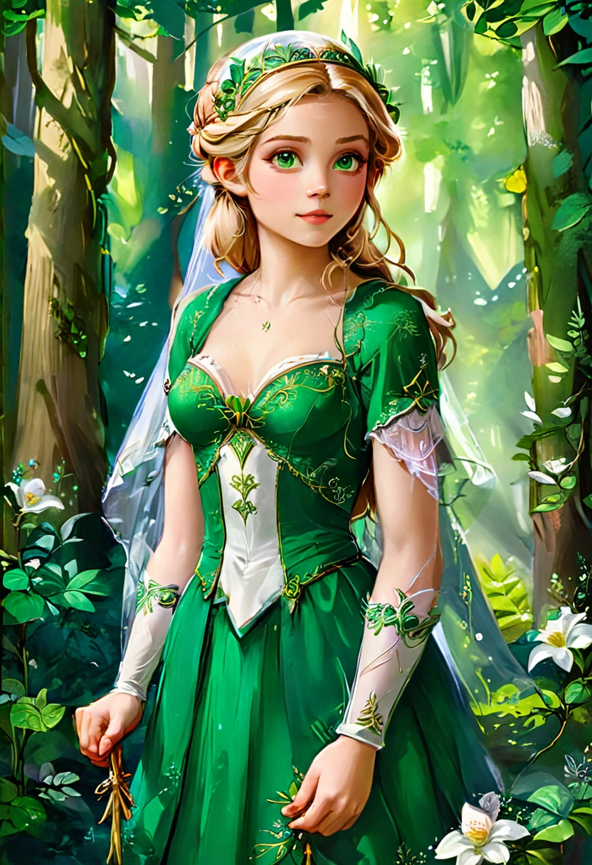 a masterful best quality, award winning masterpiece, oil painting portrait done by Raphael of Princess Zelda, ((anatomically correct: 1.5)), wearing intricate glamour green and white elven dress, elven forest background background, Ultra-high resolution, High Contrast, (masterpiece:1.5), highest quality, Best aesthetics), best details, best quality, highres, 16k, [ultra detailed], masterpiece, best quality, (extremely detailed), chumbasket art style, style of Raphael , evening dress, oil painting