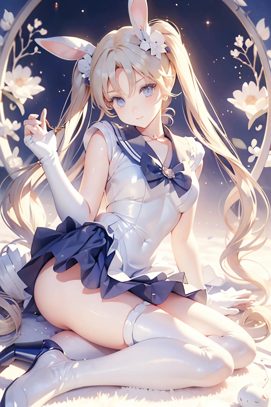 tsukino usagi, blonde hair, blue eyes, bunny ears, rabbit costume, woman, beautiful girl, bows, heels, kemonomimi, long hair, playboy bunny outfit, shoes two bows, two pigtails, usagimimi