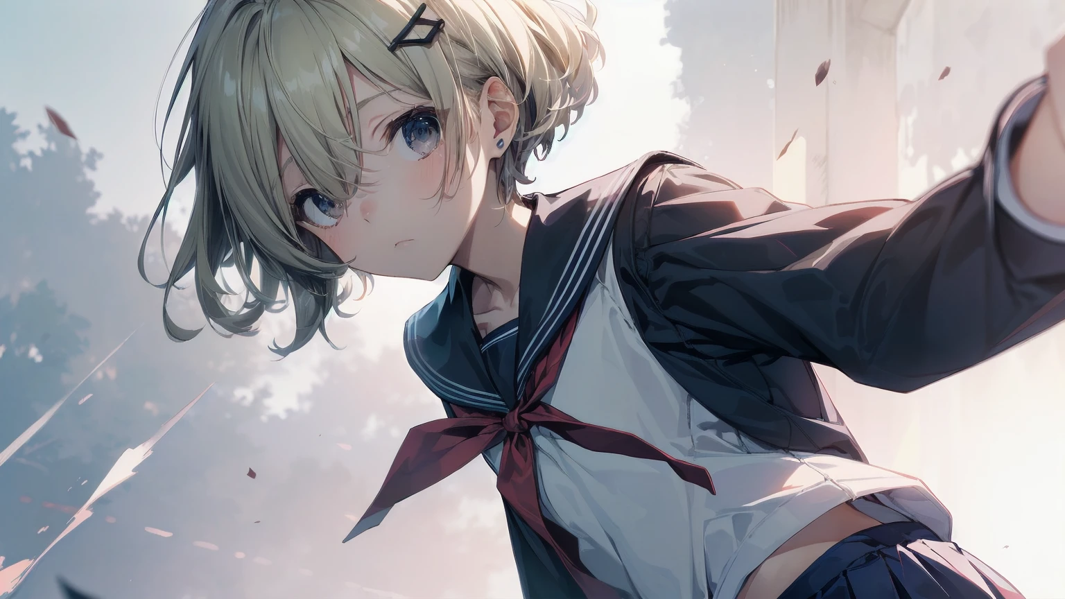 Highest quality, Anime Moe Art Style,Best Anime 8K Konachan Wallpaper,pixiv contest winners,Perfect Anatomy, (Please draw a girl walking sleepily to school.... ),break, 1 Girl, (alone,,,:1.3),high school student, short hair, amount, (Hair above one eye:1.7),All limbs, Full Finger,Medium Chest, Between the legs, Small eyes,accurate black eyes, Hair Clip, (Sailor suit:1.5),(school uniform:1.5) skirt,On the way to school. break,Very detailed,High resolution,ultra high density skin, Professional Lighting,8K eye detail, (Cute illustrations:1.2),Expressionless，(Hair on one eye:1.5)，Sailor suit