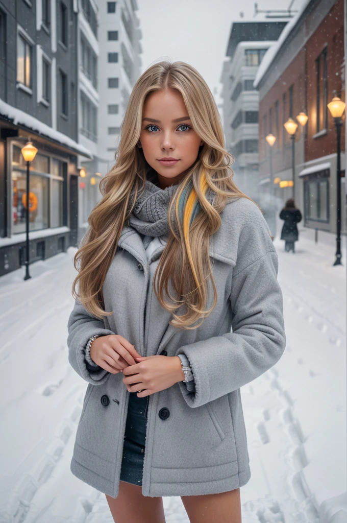 professional portrait photograph of a gorgeous Norwegian girl in winter clothing with long wavy blonde hair, sultry flirty look, gorgeous symmetrical face, cute natural makeup, wearing elegant warm winter fashion clothing, ((standing outside in snowy city street)), stunning modern urban environment, ultra realistic, concept art, elegant, highly detailed, intricate, sharp focus, depth of field, f/1. 8, 85mm, medium shot, mid shot, (((professionally color graded))), bright soft diffused light, (volumetric fog), trending on instagram, 8k