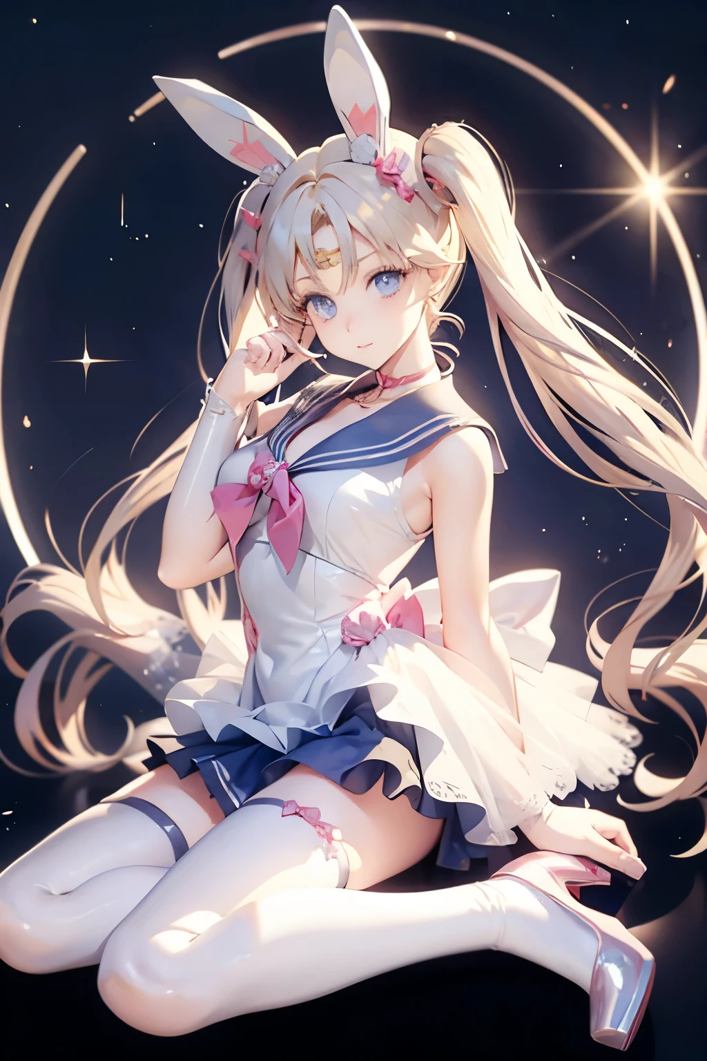 tsukino usagi, blonde hair, blue eyes, bunny ears, rabbit costume, woman, beautiful girl, bows, heels, kemonomimi, long hair, playboy bunny outfit, shoes two bows, two pigtails, usagimimi