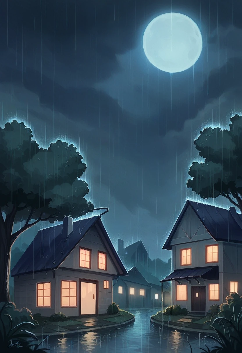 there is a house in the rain with a tree in the foreground, raining at night, rainy night, it is night and raining, strong rain night, rainy stormy night, rain falling, rain aesthetic, rainy evening, dark glowing rain, late night raining, rain falls, full moon raining night, at evening during rain, it is raining heavily, falling rain, rainy background