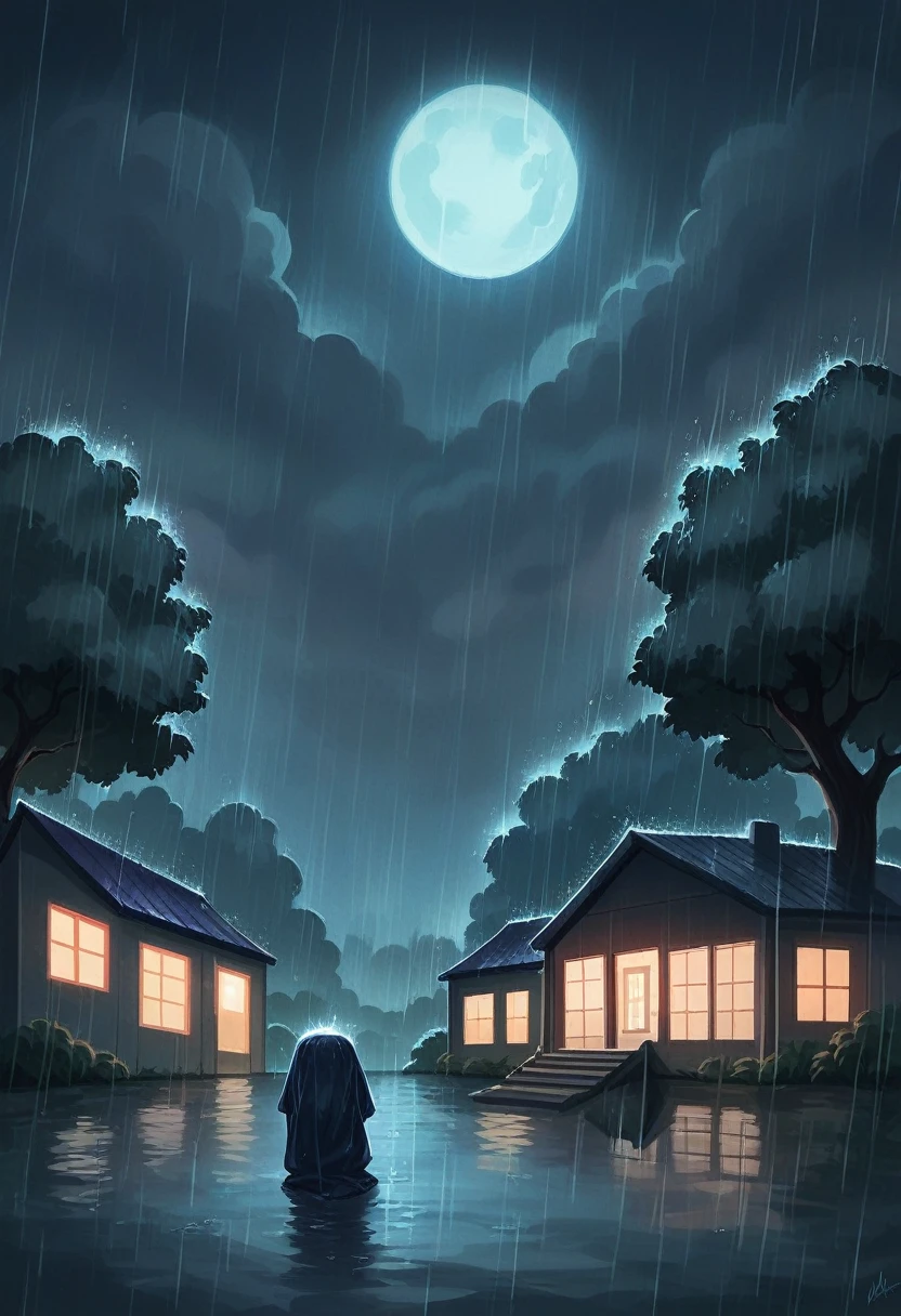 there is a house in the rain with a tree in the foreground, raining at night, rainy night, it is night and raining, strong rain night, rainy stormy night, rain falling, rain aesthetic, rainy evening, dark glowing rain, late night raining, rain falls, full moon raining night, at evening during rain, it is raining heavily, falling rain, rainy background