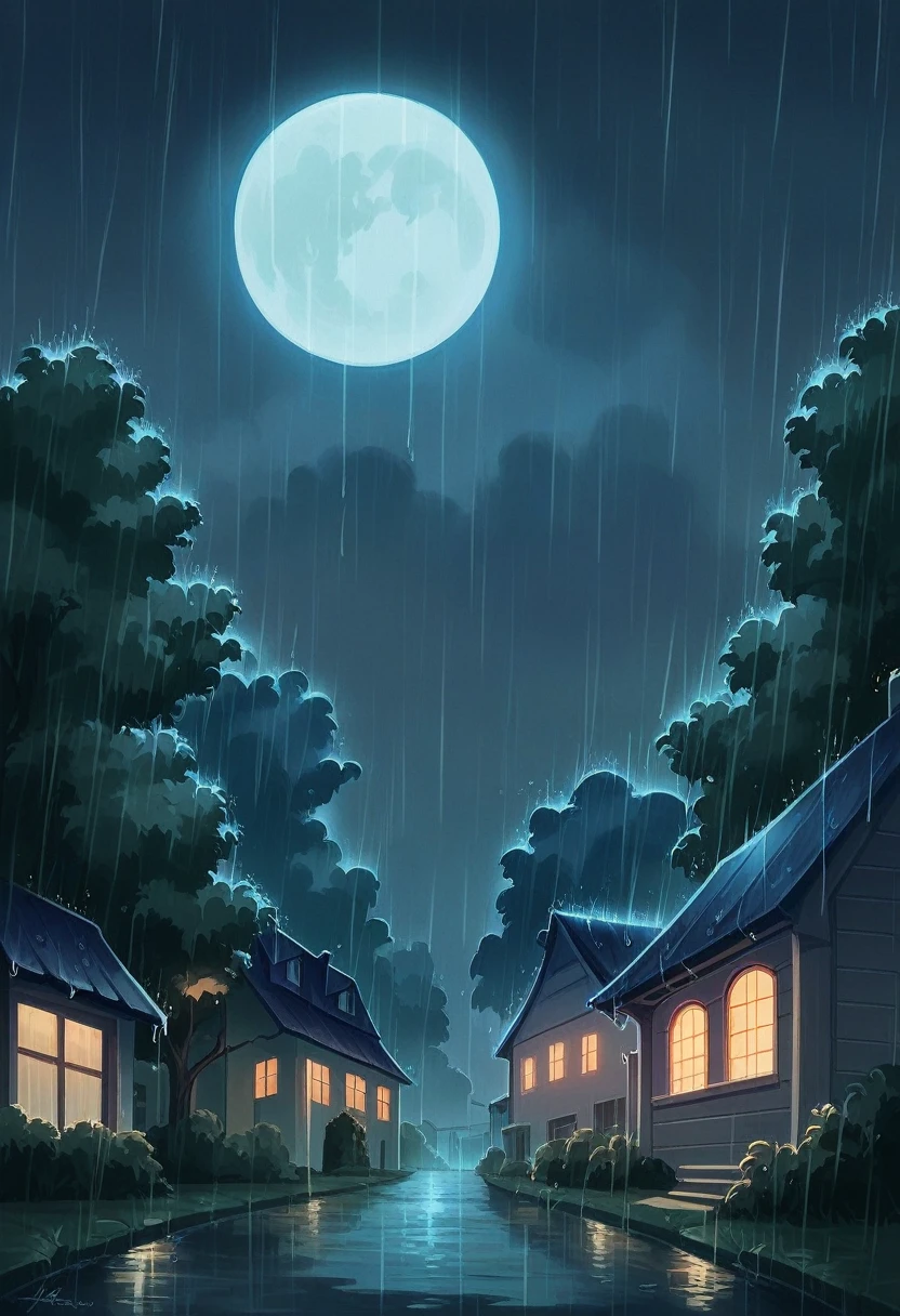 there is a house in the rain with a tree in the foreground, raining at night, rainy night, it is night and raining, strong rain night, rainy stormy night, rain falling, rain aesthetic, rainy evening, dark glowing rain, late night raining, rain falls, full moon raining night, at evening during rain, it is raining heavily, falling rain, rainy background