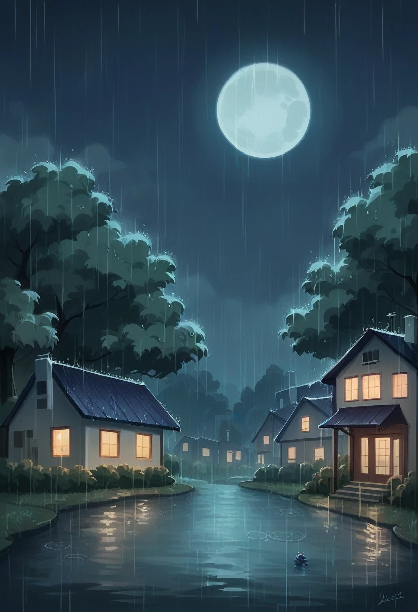 there is a house in the rain with a tree in the foreground, raining at night, rainy night, it is night and raining, strong rain night, rainy stormy night, rain falling, rain aesthetic, rainy evening, dark glowing rain, late night raining, rain falls, full moon raining night, at evening during rain, it is raining heavily, falling rain, rainy background