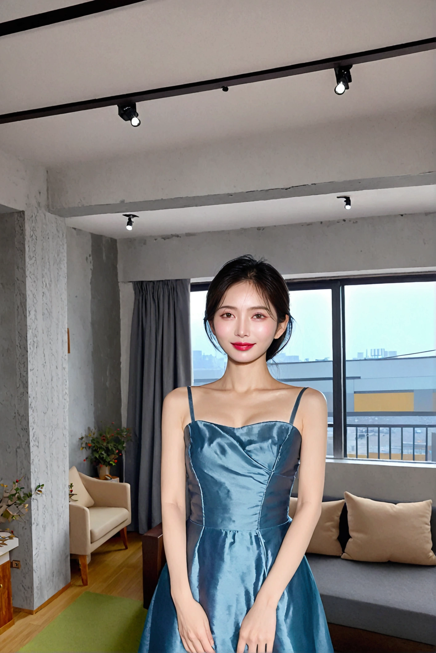 Beautiful Korean Woman , 32 inch chest size, Your eyes are big and pretty. Standing by the window in the living room of a luxury apartment. medium hair, Smile, uhd