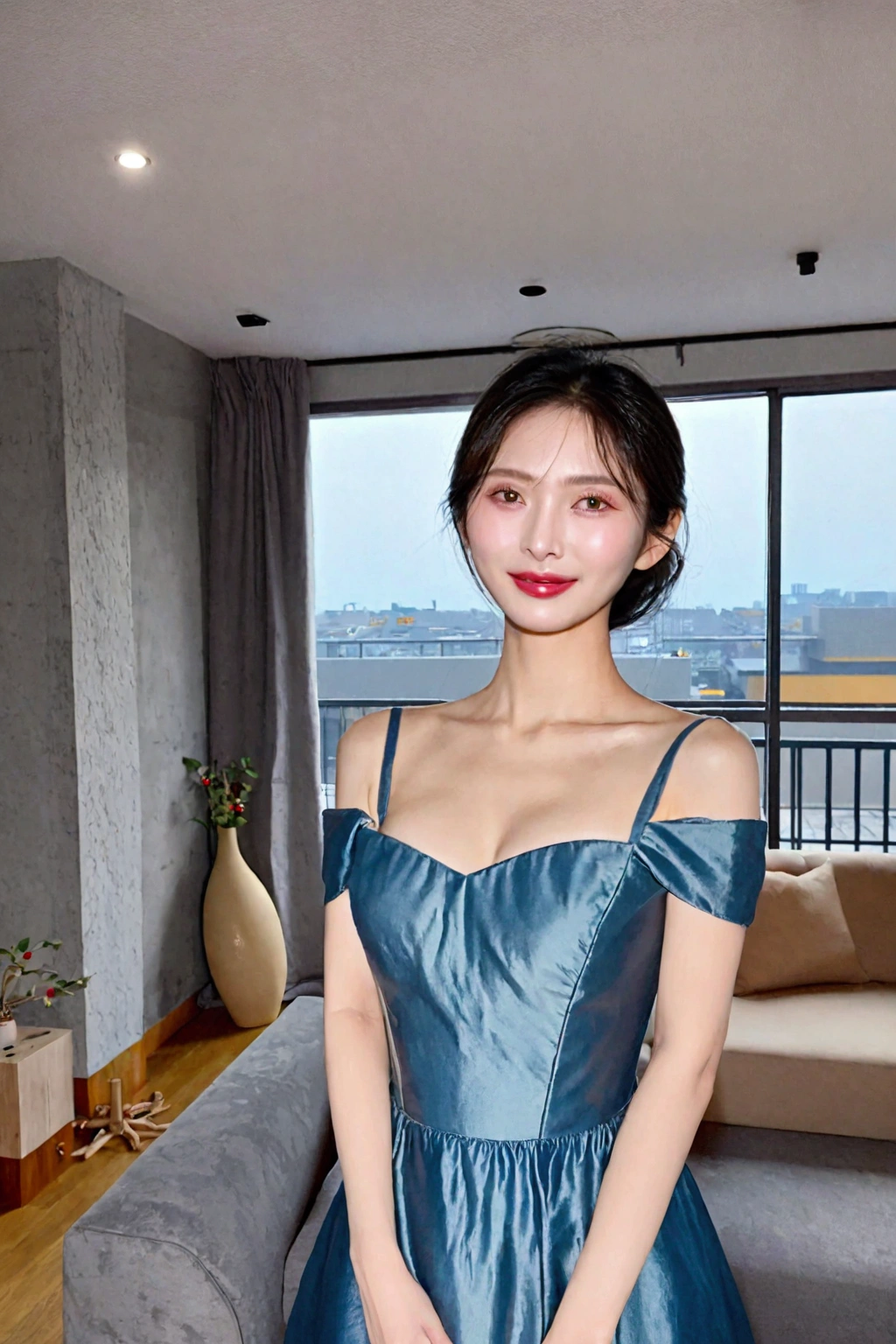 Beautiful Korean Woman , 32 inch chest size, Your eyes are big and pretty. Standing by the window in the living room of a luxury apartment. medium hair, Smile, uhd