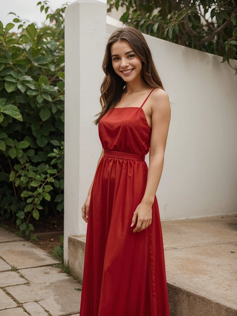 she is wearing a red long dress,smiling