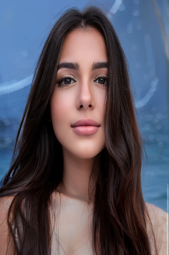 A young adult woman with long black hair and brown eyes., hyper detailed and realistic, Sitting on the beach in Buzios Rio de Janeiro.