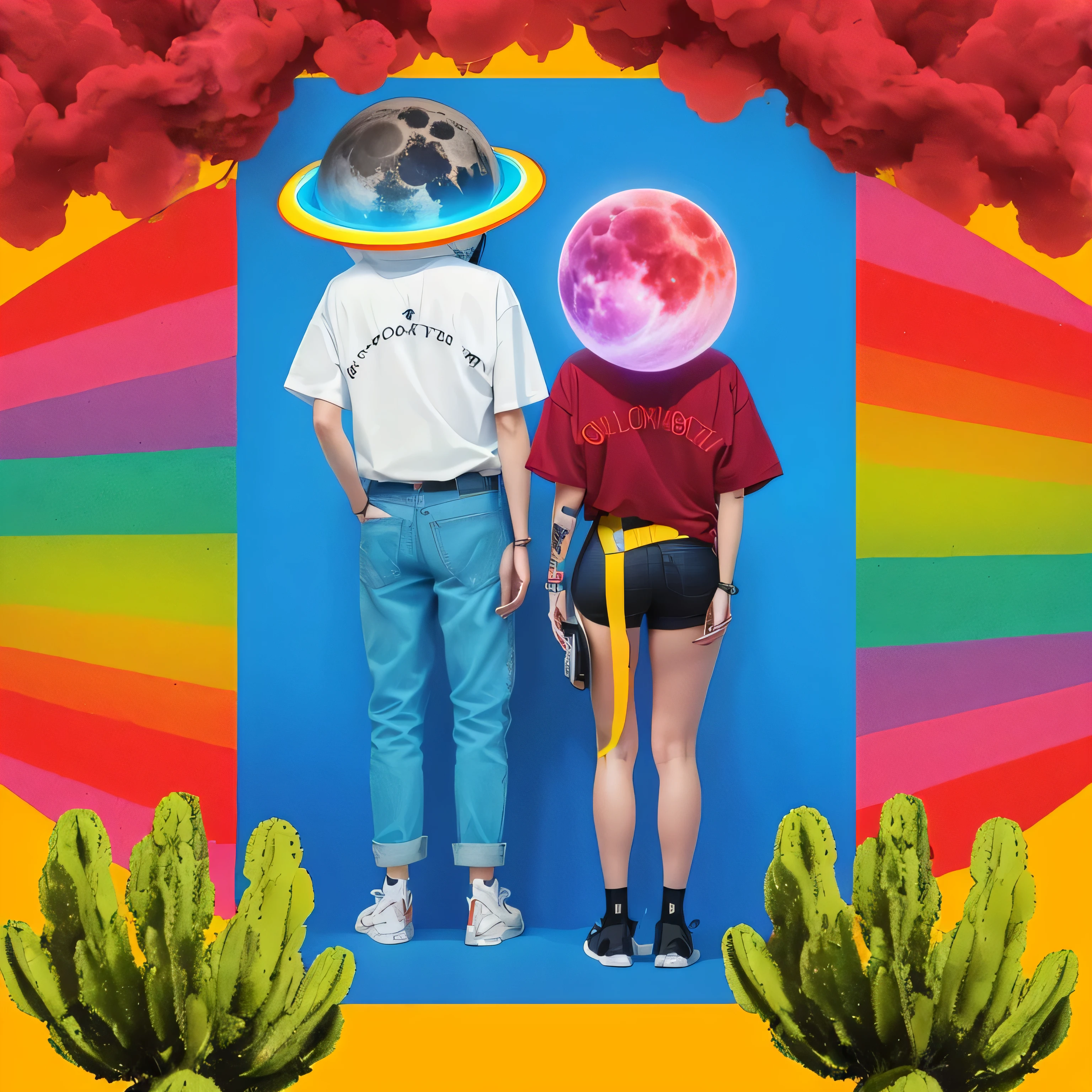 there are two people next to each other with a picture of a moon, digital Collage, surreal Collage, album art, Collage artwork, Aesthetics / A riot on Mars, album artwork, alternative album cover, album art cover, a contemporary artistic Collage, vaporwave maximalista, moon rays, non-binary future world, ( Collage ), offcial art, on another planet