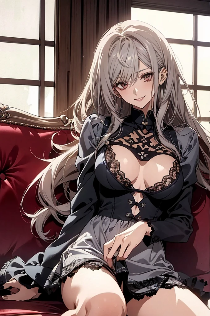  (Highest quality, High resolution, Very detailed), 1 female, Silver Hair, Long Hair, Reddish brown eyes, micro mini dress, lace , secretary, 24th generation, Beautiful woman, mature, quiet, Calm, , A small smile, sofa, sitting, ,