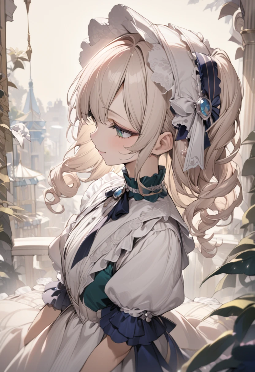 Platinum Blonde hair,sidecurls,curls,emerald green eyes,long eyelashes,(light pink victorian dress),puffy short sleeves,frilled dress,frilly wide brimmed Bonnet with bows,bustshot,masterpiece,highress,soft smile,bishoujo,peterpan collar,profile,white accents,white trim,white frills,sidelock