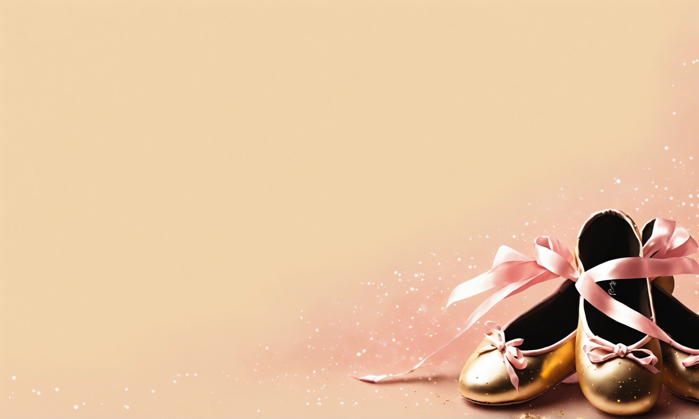 This is a banner image;A poster;There is a pair of pink ballet shoes in the picture,There are some golden ribbons underneath,Add more ribbons。The background is pink,Add more gold sprinkle effect to the background,sparkling;