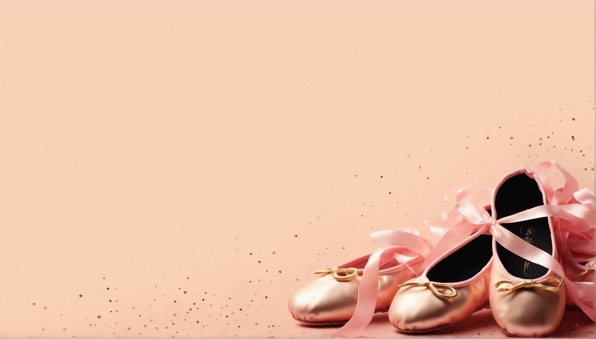 This is a banner image；A poster；There is a pair of pink ballet shoes in the picture，There are some golden ribbons underneath，Add more ribbons。The background is pink，Add more gold sprinkle effect to the background，sparkling；