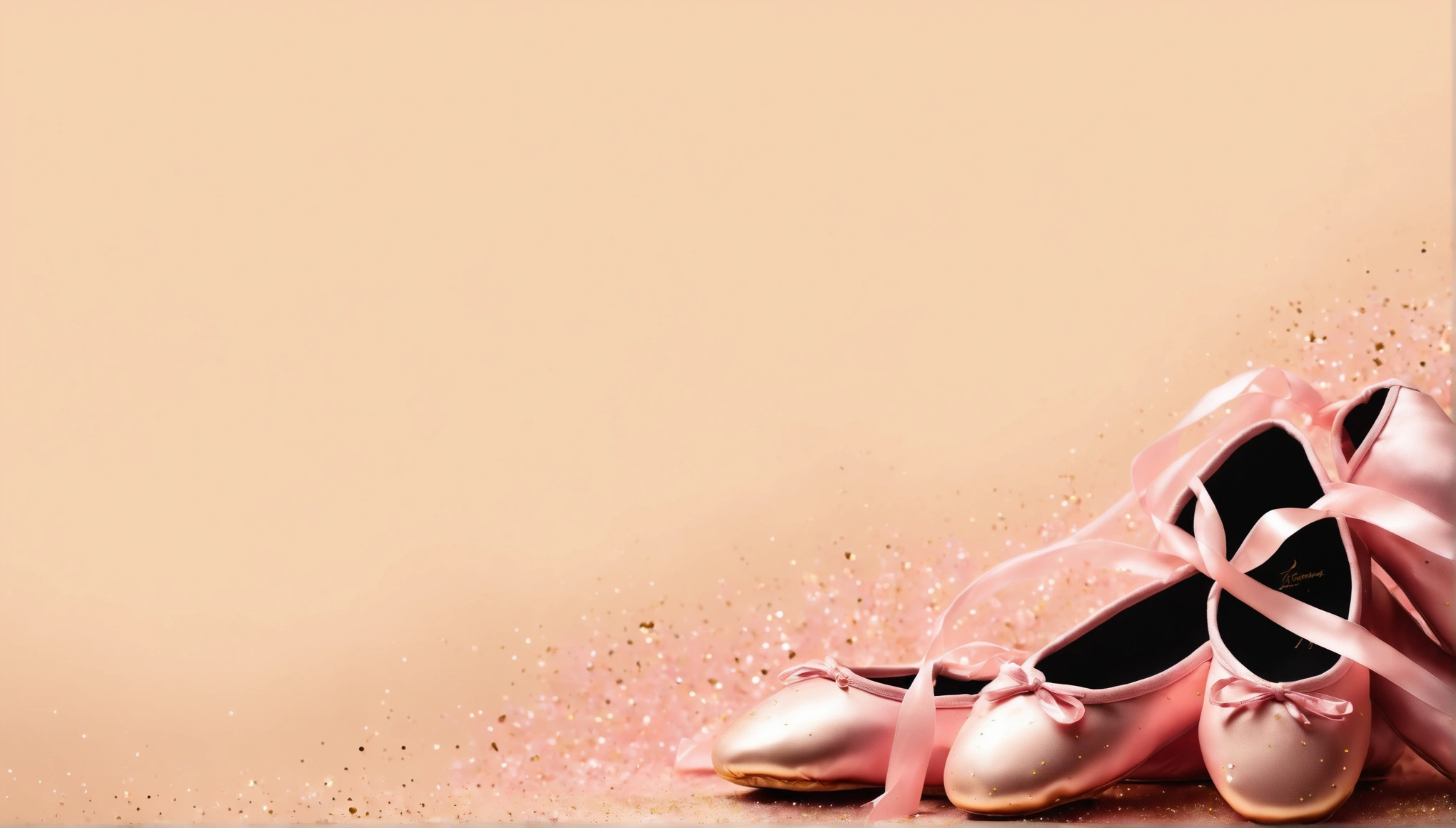 This is a banner image;A poster;There is a pair of pink ballet shoes in the picture,There are some golden ribbons underneath,Add more ribbons。The background is pink,Add more gold sprinkle effect to the background,sparkling;