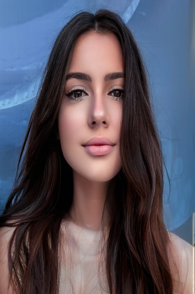 A young adult woman with long black hair and brown eyes., hyper detailed and realistic, Sitting on the beach in Buzios Rio de Janeiro.