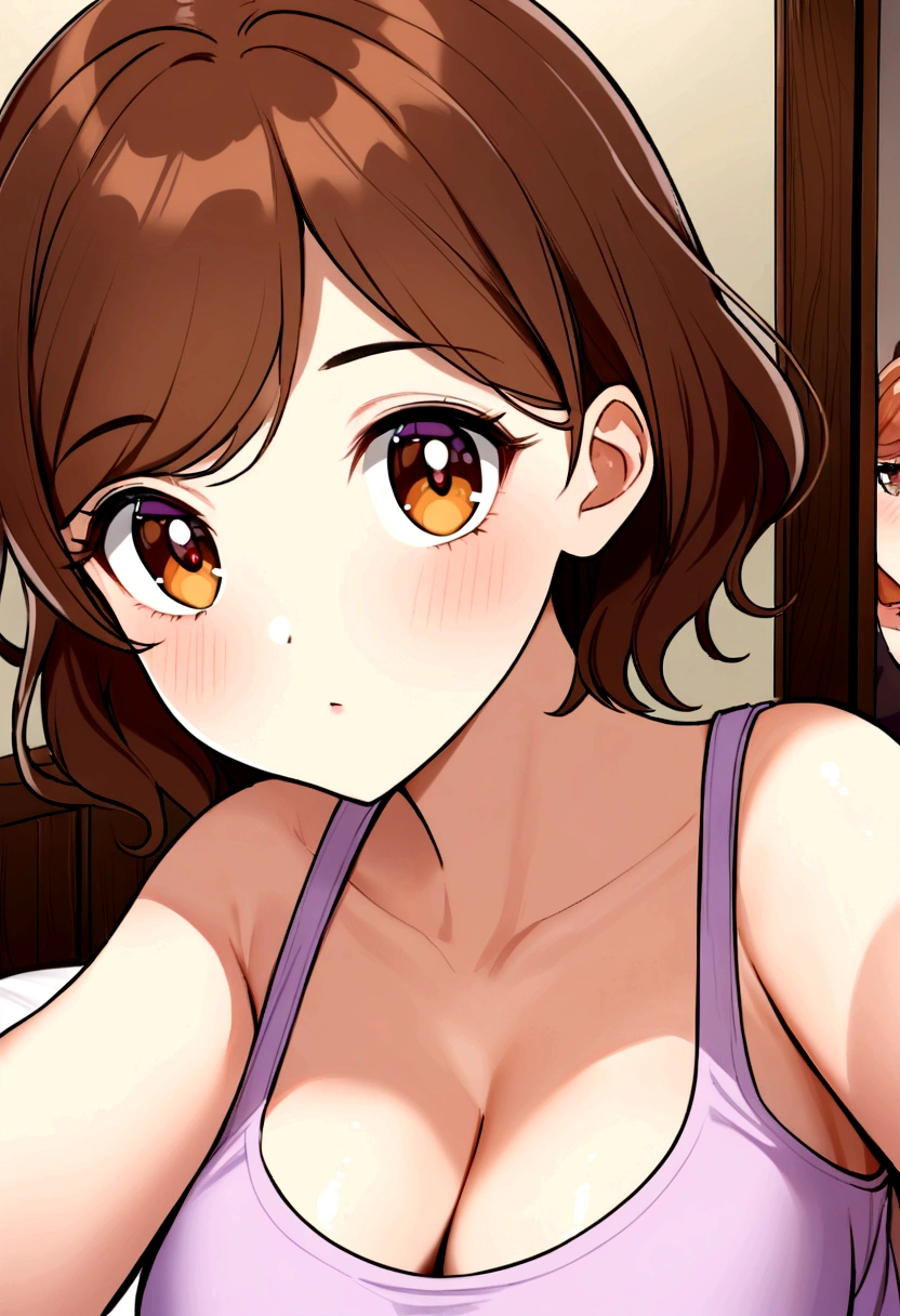 arafed woman with matching tank top and panties, sexy girl with brown eyes, portrait sophie mudd, brown Short hair and large eyes, selfie of a young woman, bedroom eyes, violet myers, without makeup, natural makeup, looking directly at the camera, face with artgram, subtle makeup, stunning half body shot, in bedroom, cleavage