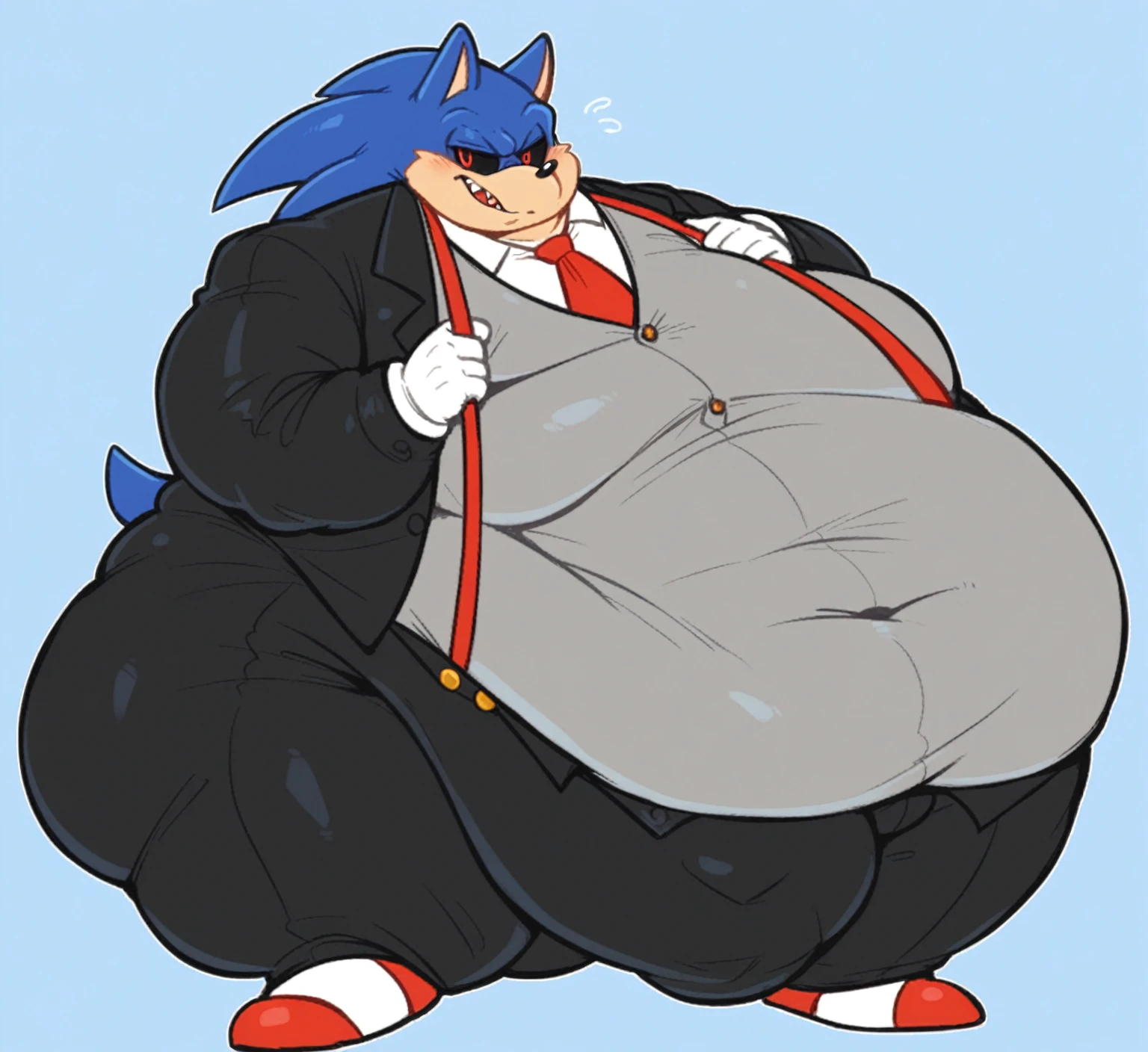 by hioshiru, by null-ghost, by darkgem, by edjit, by honovy,
fox, ((fat, overhang solo)), (standing, navel), ((wearing mafia suit and tie, suspenders, shirt buttons)), ((thick thighs)), male, grabbing belly, Masterpiecev10, (five fingers), sonic oc, red eyes, black sclera, white hedgehog spike tips