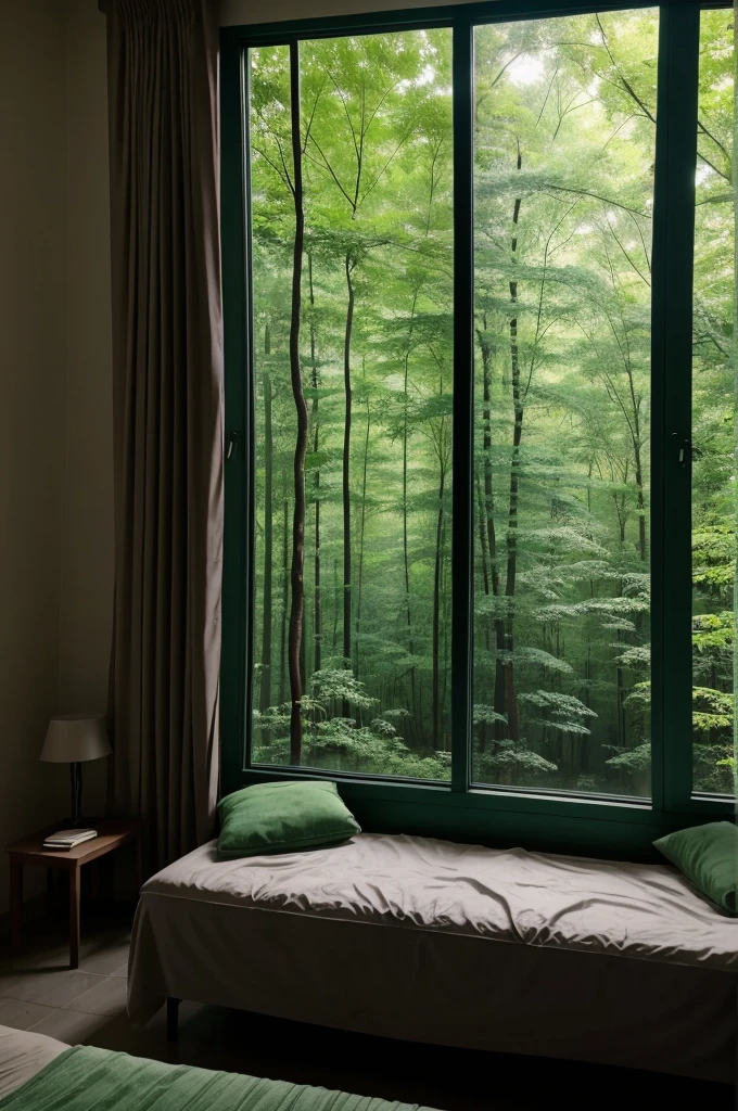 Show me a room with 50 percentage of it covered with window and surrounded by lots of very dark green trees
Also the room is not very shiny but rather a little bit of dark with verry small amount of light inside it the weather outside the room is very very rainy