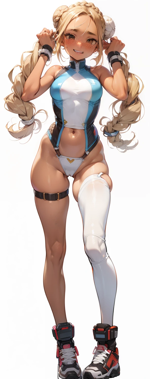 18 year old, tan skin, brown skin, freckles, big hips, cute face, blonde hair, braided hair, One-leg garter, Knee pad on other leg, Perfect hands, tight clothes, mini skirt  (((happy flirty expression))) ((bun hairstyle)) detailed hands, detailed face