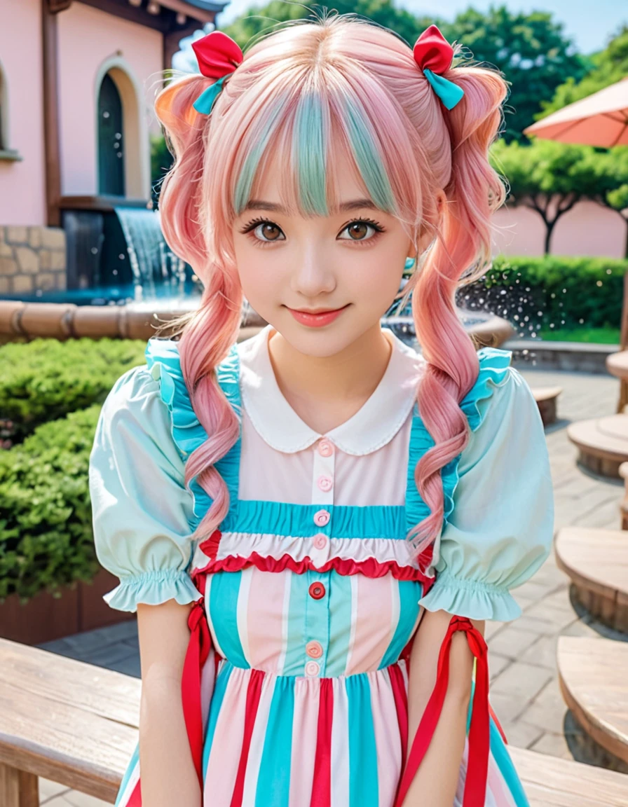 (watercolor:1.2), (close up face), best quality, masterpiece, extremely cute and tender girl, cute pose, sweet smile, (petite), beautiful tender eyes symmetrical, (beautiful and detailed face), beautiful long twintail hair, (pastel pink hair:1.3), blunt bangs, nice hands, perfect hands, (summer fountain terrace:1.3), sweet cake-inspired motif frilly sundress, a lot of frills, frilly sleeves, kawaiitech, pastel colors, kawaii, cute colors