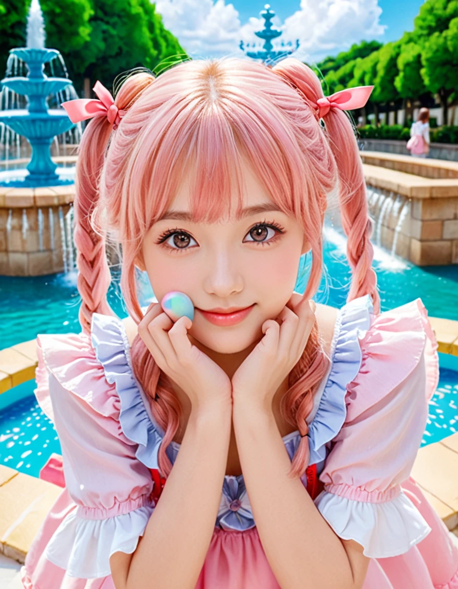 (watercolor:1.2), (close up face), best quality, masterpiece, extremely cute and tender girl, cute pose, sweet smile, (petite), beautiful tender eyes symmetrical, (beautiful and detailed face), beautiful long twintail hair, (pastel pink hair:1.3), blunt bangs, nice hands, perfect hands, (summer fountain terrace:1.3), sweet cake-inspired motif frilly sundress, a lot of frills, frilly sleeves, kawaiitech, pastel colors, kawaii, cute colors