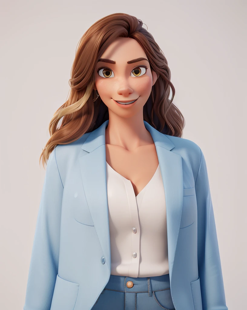 Cartoon character of a woman in formal wear and white shirt with sky blue jacket, facing the camera, with long layered hair, brown with blonde a Cartoon character, with money in hand stylized character, business style rendering animation, stylized 3D, Arnold Maya rendering, stylized 3d rendering, cartoon rendering screenshot, 3D Character, 3D Character, stylized 3d rendering, 3D Character Rendering, Cartoon Character, character close up, Character Pose , (Pixar Style) (master part:1.2) (bokeh) (best quality) (Detailed skin) (detailed texture) (8K) (clay) (cinematic lighting) (sharp focus)