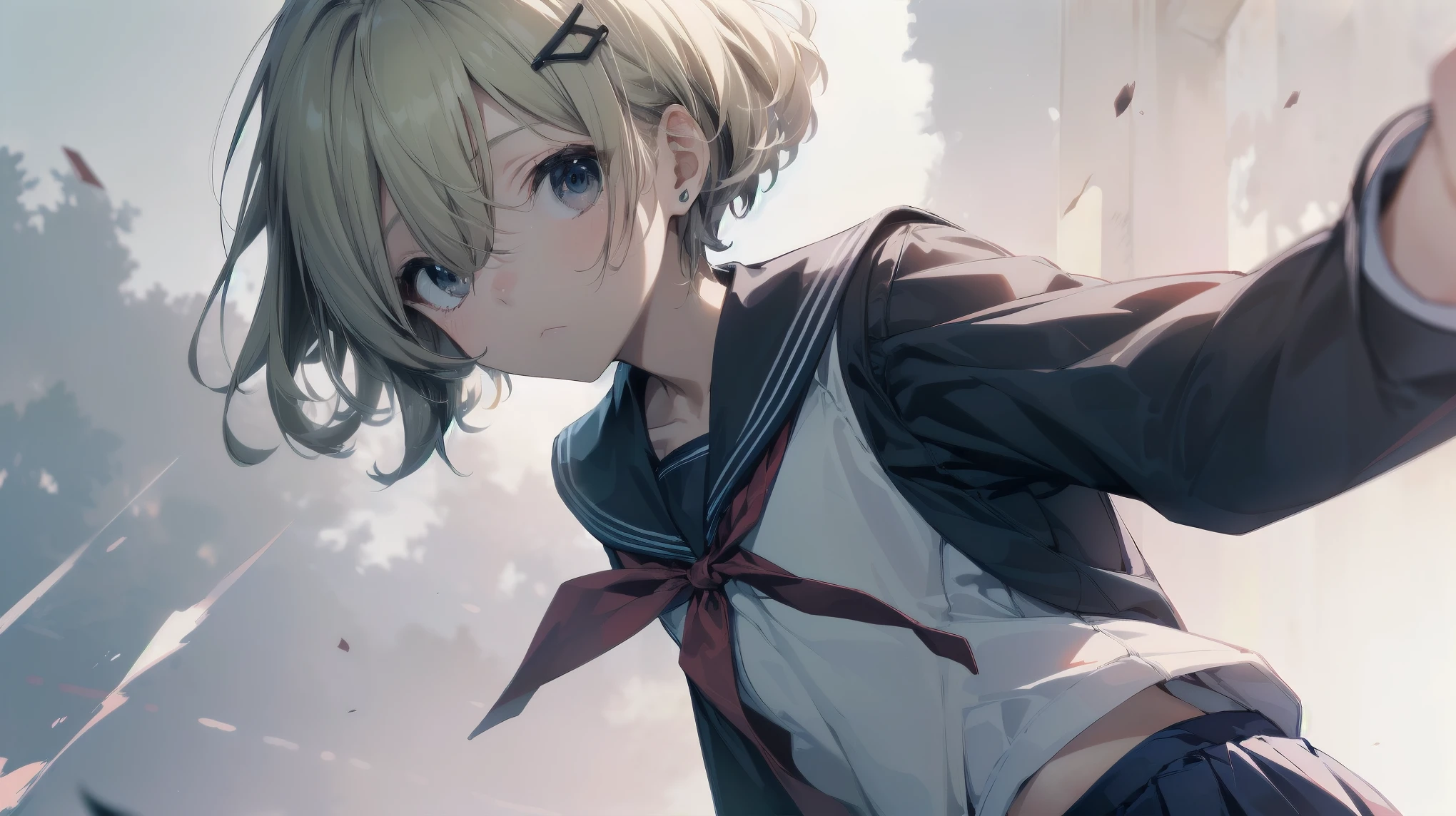 Highest quality, Anime Moe Art Style,Best Anime 8K Konachan Wallpaper,pixiv contest winners,Perfect Anatomy, (Please draw a girl walking sleepily to school.... ),break, 1 Girl, (alone,,,13 years old:1.3),high school student, short hair, amount, (Hair above one eye:1.7),All limbs, Full Finger,Medium Chest, Between the legs, Small eyes,accurate black eyes, Hair Clip, (Sailor suit:1.5),(school uniform:1.5) skirt,On the way to school. break,Very detailed,High resolution,ultra high density skin, Professional Lighting,8K eye detail, (Cute illustrations:1.2),Expressionless,(Hair on one eye:1.5),Sailor suit