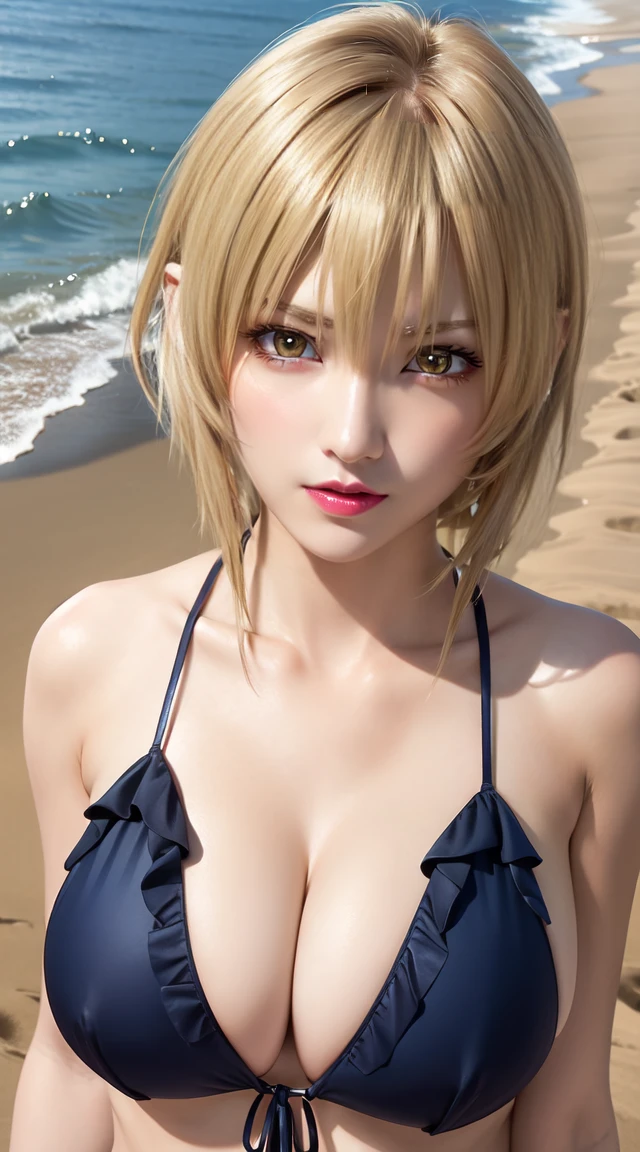 (masterpiece:1.2), (Highest quality:1.2), Ultra-high resolution, Professional, Super detailed, Detailed face, Detailed eyes, Perfect lighting, complicated, 1girl, Blonde Hair, blue eyes, ayabrea, (Big Breasts:1.3, Cleavage), Frilled bikini, Red Bikini, Midriff, Real, Day, Beach, Ocean, the way, shop, sand, Los Angeles