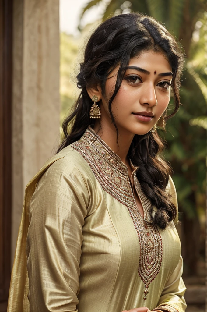 ultrarealistic hires close up photo of a 30-year-old sai pallavi woman, outdoors, realistic skin texture, looking looking at camera, high collar intricate (salwar_kameez_chunni:1.2), beautiful bokeh background