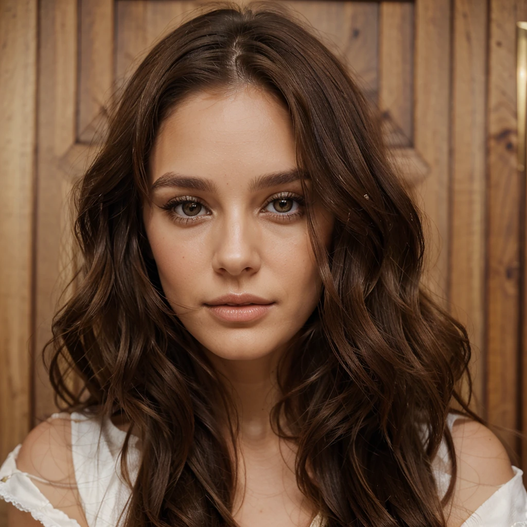 29 year old woman, long brown hair a little curly, Brown eyes, visage parfait, professional makeup like model, C et portant un sweet