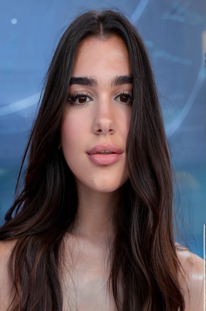 A young adult Dua Lipa woman with long black hair and brown eyes., hyper detailed and realistic, Sitting on the beach in Buzios Rio de Janeiro.