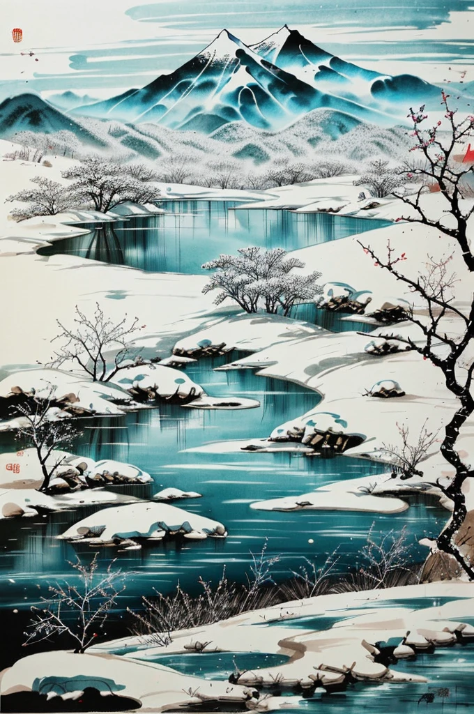 Changbai Mountain in winter，Chinese ink painting style