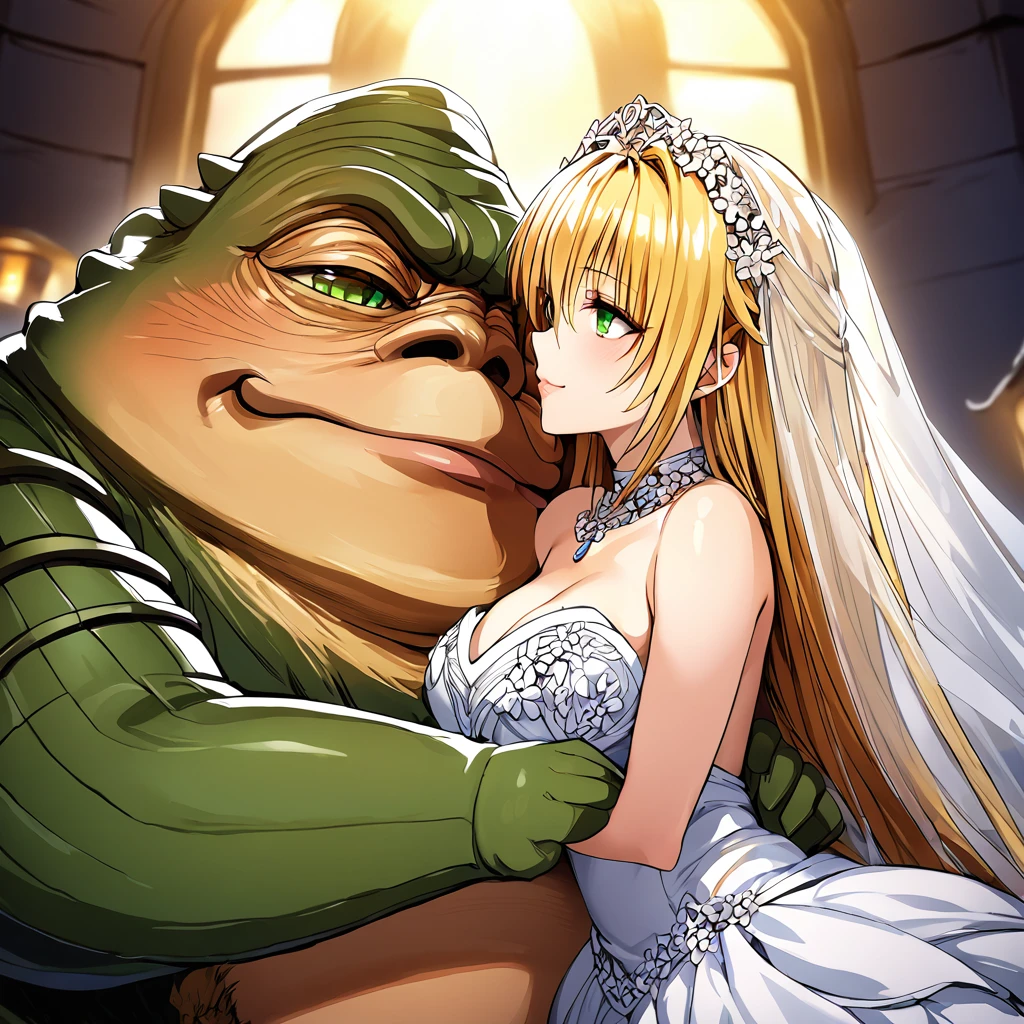 ((Highest quality)), ((masterpiece)), (detailed), （Perfect Face）、The woman is Tiare, with green eyes, medium-length blonde hair, an iron collar, and is wearing a gorgeous, jeweled vintage wedding dress and a vintage wedding veil. The woman is standing next to Jabba the Hutt at his hideout for the wedding.、Jabba the Hutt is holding a woman in his arms and having a wedding、The woman loves Jabba the Hutt and looks at him with a gentle smile.、The woman and Jabba the Hutt embrace and kiss each other in their wedding ceremony.