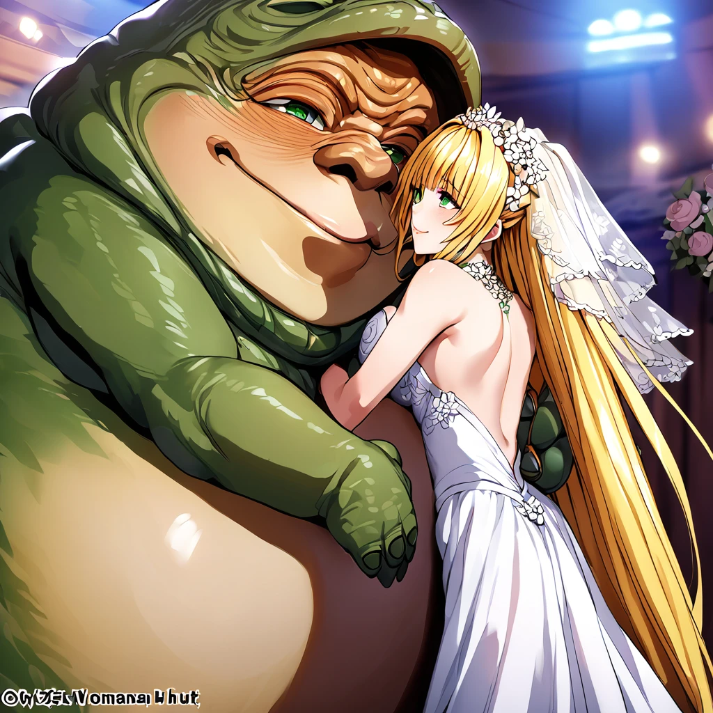 ((Highest quality)), ((masterpiece)), (detailed), （Perfect Face）、The woman is Tiare, with green eyes, medium-length blonde hair, an iron collar, and is wearing a gorgeous, jeweled vintage wedding dress and a vintage wedding veil. The woman is standing next to Jabba the Hutt at his hideout for the wedding.、Jabba the Hutt is holding a woman in his arms and having a wedding、The woman loves Jabba the Hutt and looks at him with a gentle smile.、The woman and Jabba the Hutt embrace and kiss each other in their wedding ceremony.