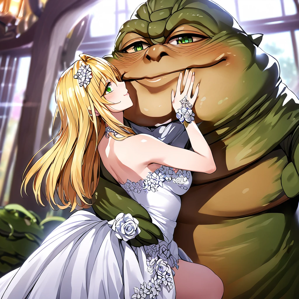 ((Highest quality)), ((masterpiece)), (detailed), （Perfect Face）、The woman is Tiare, with green eyes, medium-length blonde hair, an iron collar, and is wearing a gorgeous, jeweled vintage wedding dress and a vintage wedding veil. The woman is standing next to Jabba the Hutt at his hideout for the wedding.、Jabba the Hutt is holding a woman in his arms and having a wedding、The woman loves Jabba the Hutt and looks at him with a gentle smile.、The woman and Jabba the Hutt embrace and kiss each other in their wedding ceremony.