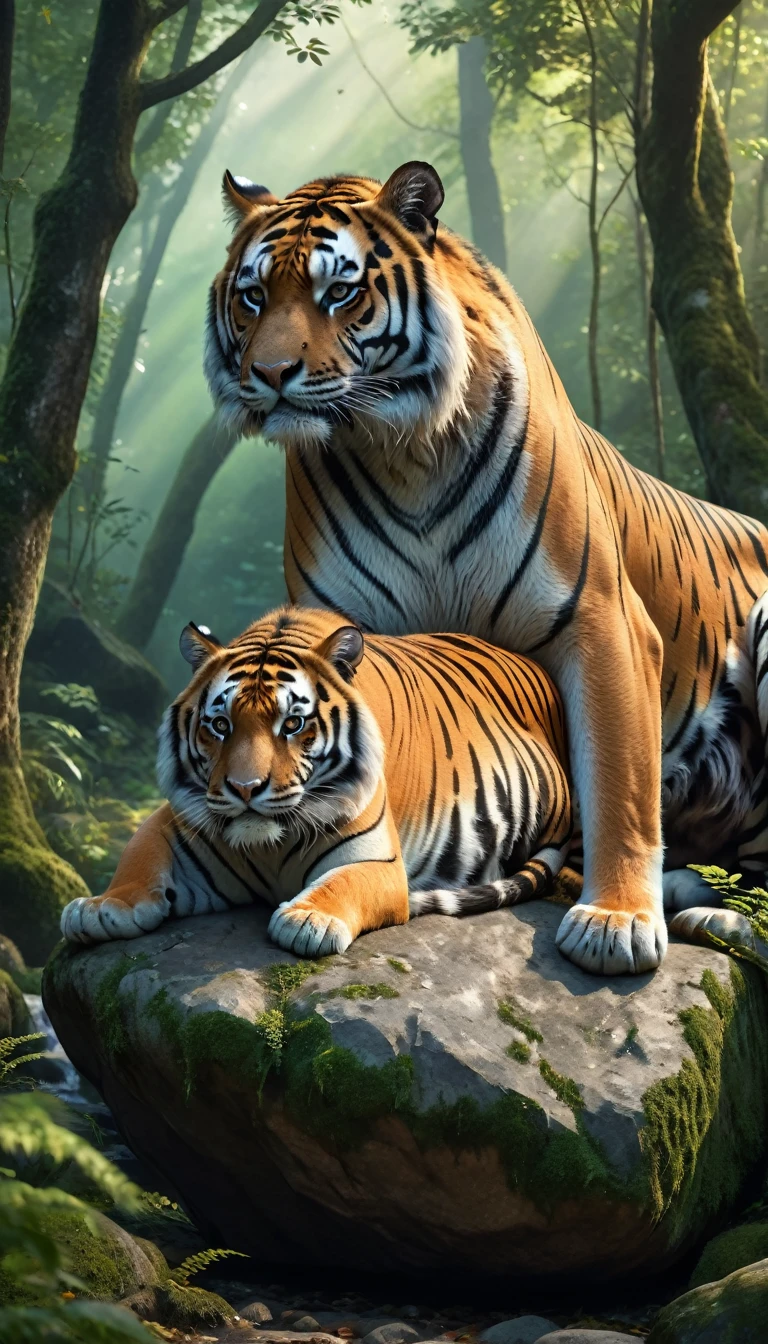 Panorama,A wild beast is sitting on a rock in the forest,The tail of the cow,The body of a tiger(best quality,4K,8K,High level,masterpiece:1.2),Ultra Detailed,(lifelike,Photo real,Photo real:1.37),Highly detailed animals,Complex patterns,Realistic lighting,Fantasy Creatures
