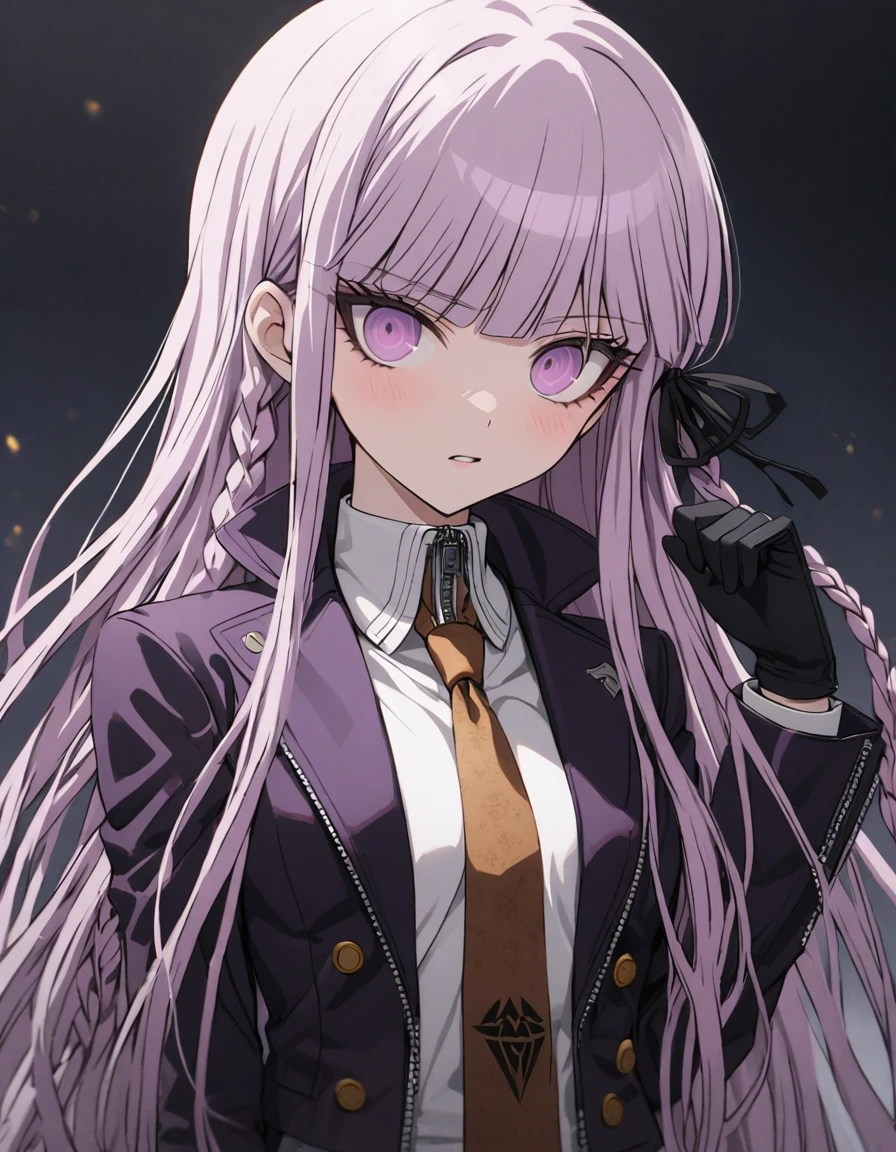 masterpiece,High resolution,8K,Detailed anatomy (****************,Danganronpa,Kyouko Kirigiri,Kyouko Kirigiri,Purple Hair,Long Hair,Side braiding,Purple eyes,slender）（Black Ribbon,Black gloves,White collared shirt,Purple open jacket,Black pleated skirt,Brown tie,Printed necktie）