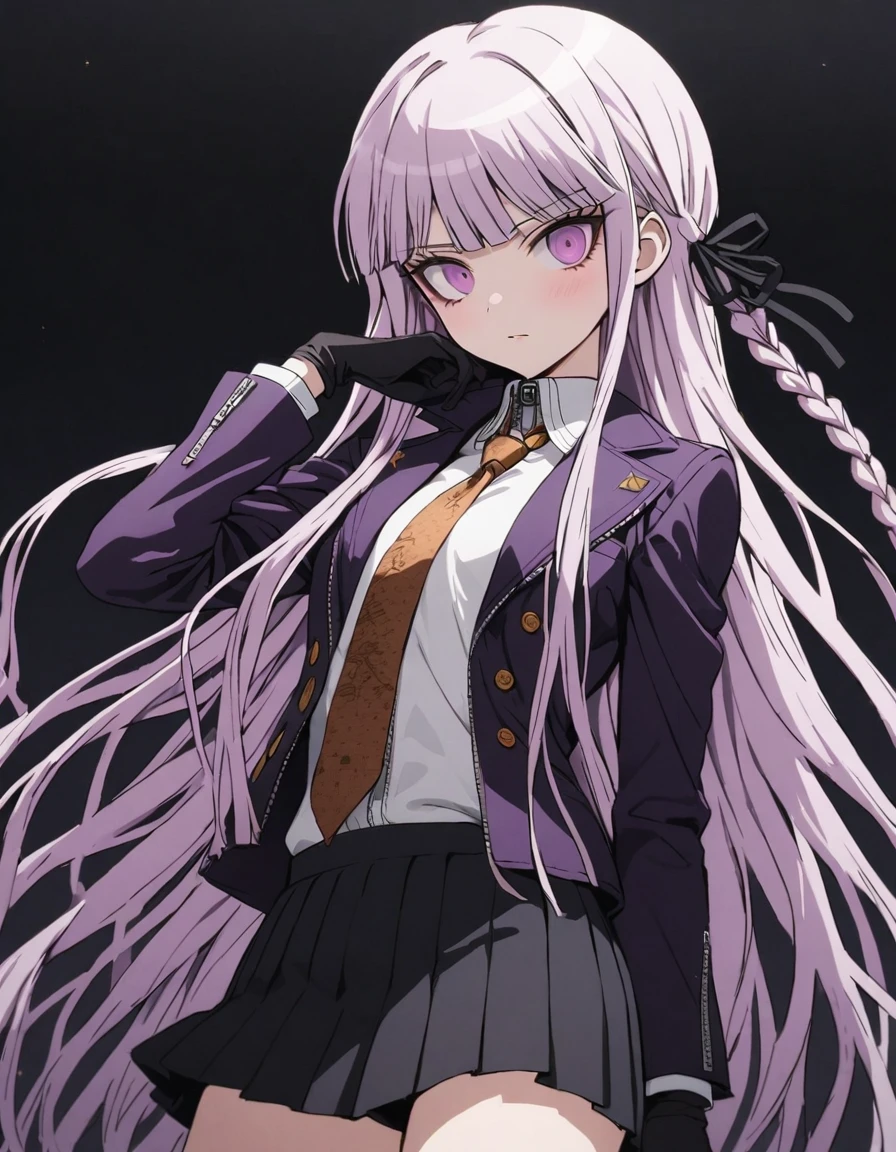 masterpiece,High resolution,8K,Detailed anatomy (****************,Danganronpa,Kyouko Kirigiri,Kyouko Kirigiri,Purple Hair,Long Hair,Side braiding,Purple eyes,slender）（Black Ribbon,Black gloves,White collared shirt,Purple open jacket,Black pleated skirt,Brown tie,Printed necktie）