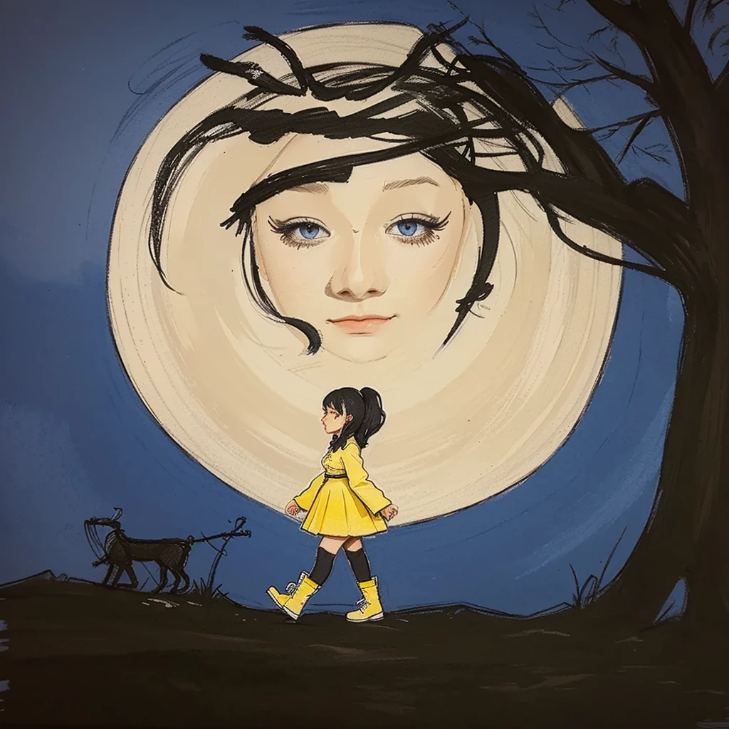 Chibi model is a doll, A beautiful girl with a perfect face, wearing a Thai-patterned sarong, with long black hair., Scary on the Crayon, Hanging face down, sitting on a leafless tall tree branch, strong wind, scary night atmosphere, many ancient temples and broken pagodas, a huge black moon.,222k