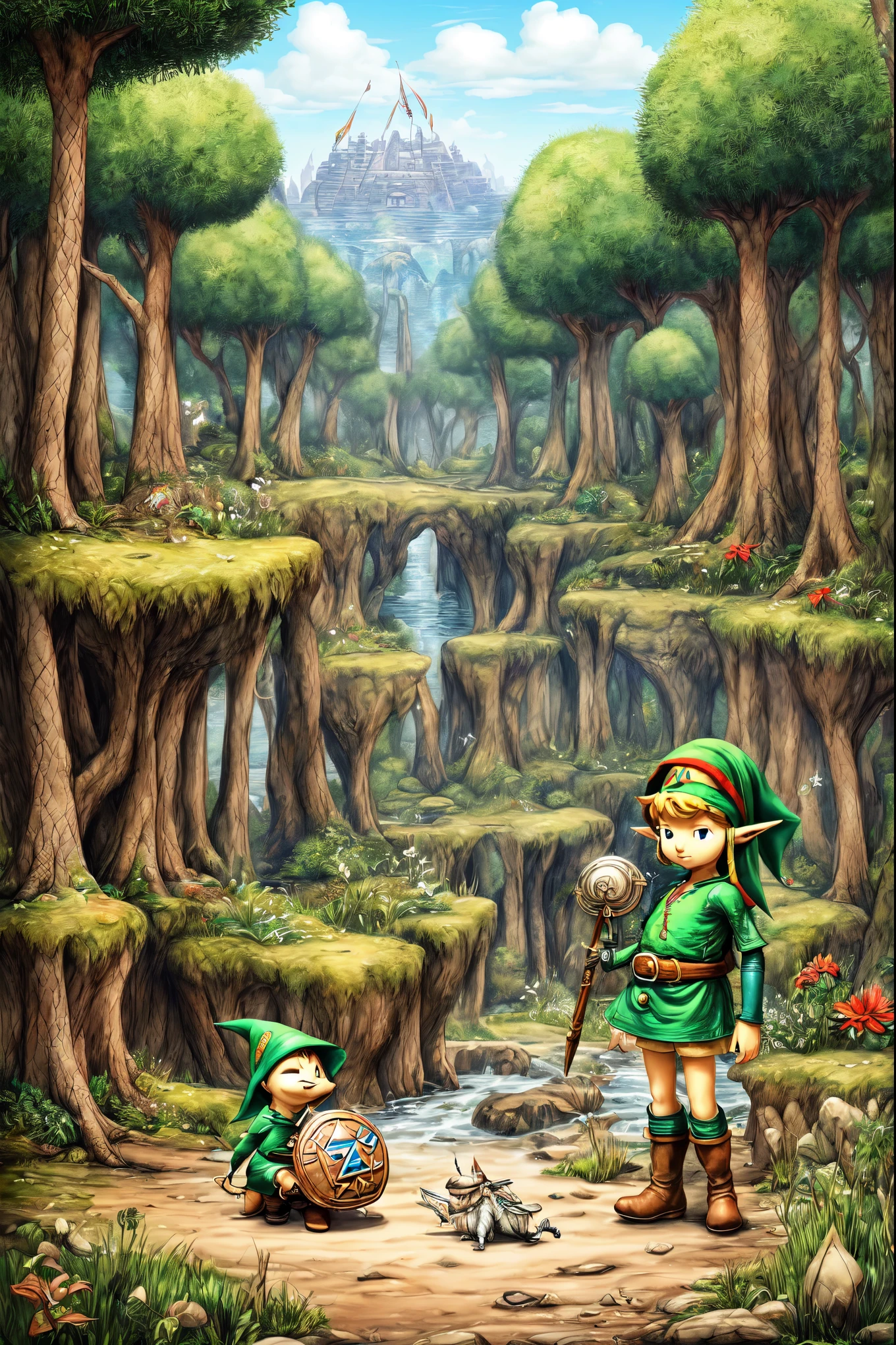 ((un elfo beautiful con traje capucha verde, leather boots, belt, de The Legend of Zelda:1.5)), magical scene, beautiful bosque florido, with forest animals, (Best Quality, 4k, 8k, high resolution, Masterpiece:1.2), ultra detailed, (realist, photorealist, photo-realist:1.37), warm lighting, vibrant colors, soft focus, elf story, Dreamer, cozy, adorable, beautiful, capricious, elegant, charming, sereno, peaceful, innocent, comforter, imaginative