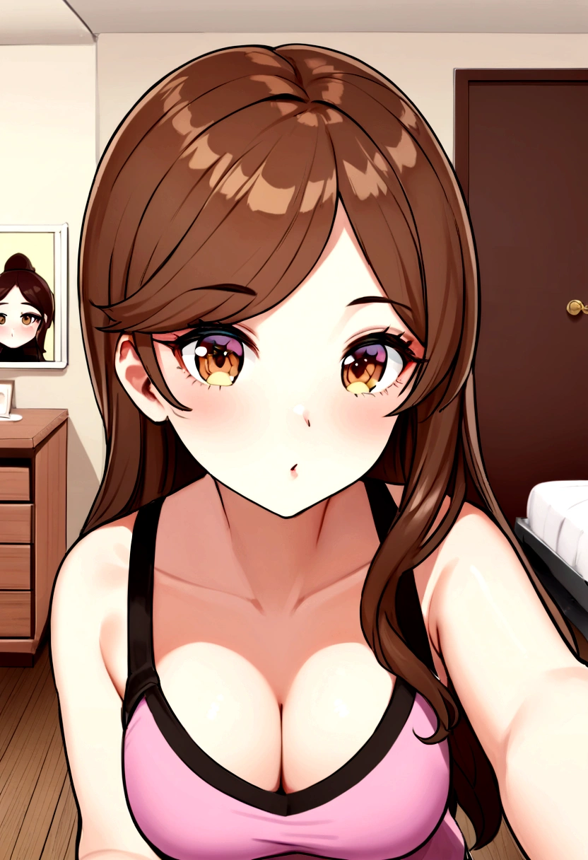 arafed woman with matching tank top and panties, sexy girl with brown eyes, portrait sophie mudd, brown hair and large eyes, selfie of a young woman, bedroom eyes, violet myers, without makeup, natural makeup, looking directly at the camera, face with artgram, subtle makeup, stunning half body shot, in bedroom, cleavage