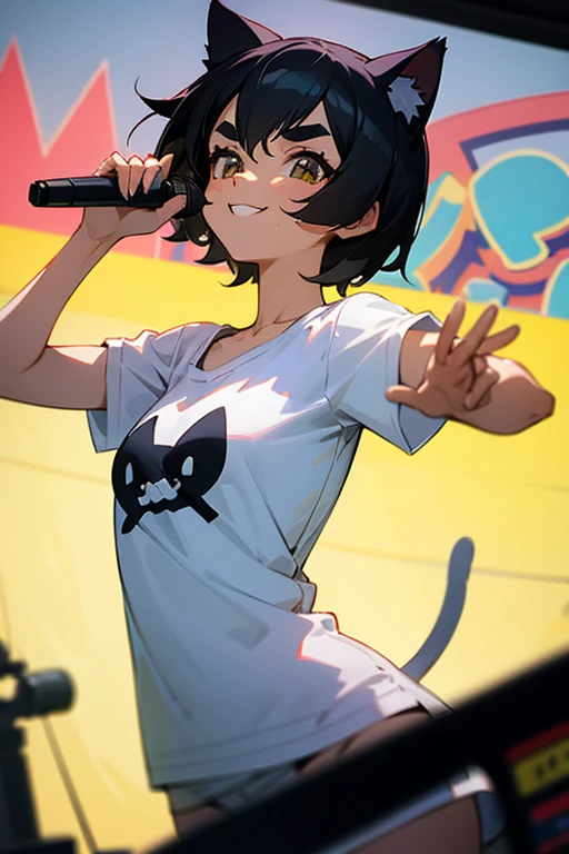 anime style, super fine illustration, highly detailed, dynamic angle, beautiful detailed, 8K, On a summer afternoon, in a recording studio, BREAK a female model is singing in front of the camera. She is wearing a white T-shirt with a graffiti art-style cat illustration.blackhair,short hair,Thick eyebrows,Cat ear girl,flat chest,smile,Sweat,Star-shaped eyes,hotpants