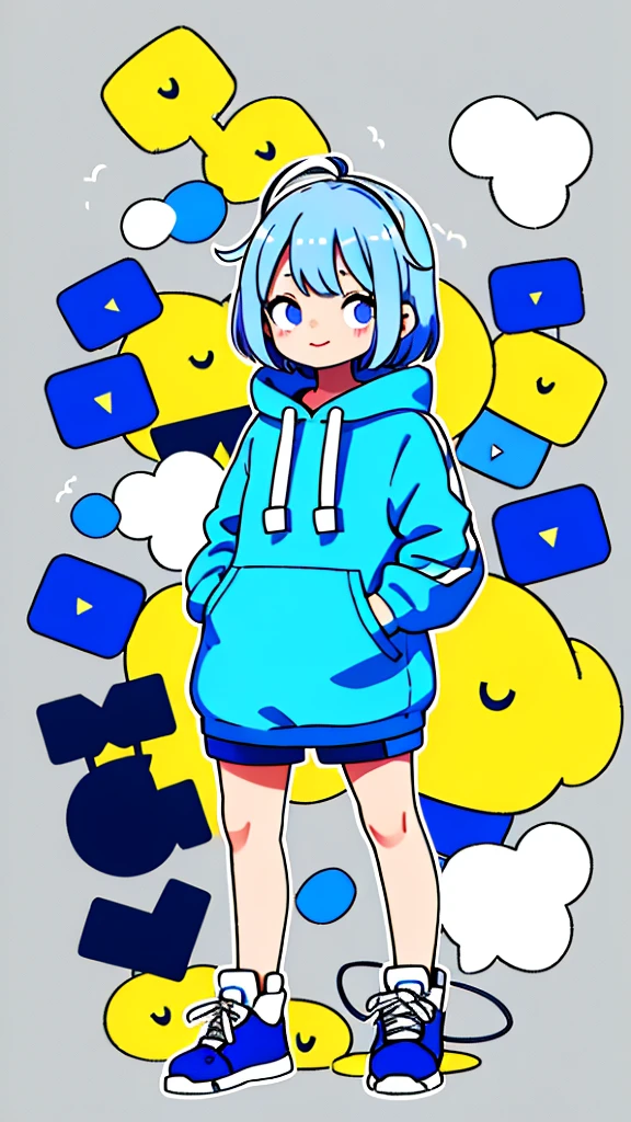 Mash Hair　Short Hair　Blue hair　Wearing a blue hoodie　　I'm wearing headphones　1 male　smile　Yellow irises　Narrow eyes　cheeks are white　The whole body is shown　Looking into the distance　Right hand on forehead　The whole body is on camera