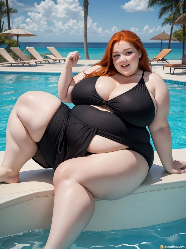 A happy travelling photo of a young redhead ssbbw with long ginger hair, very soft fat belly, very obese legs, thick fat wide legs and fat arms, huge wide butt, cute pretty face, fat breasts, in a black swimming-dress laying on a poolside